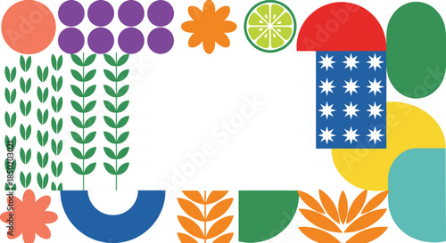 Modern geometric floral border vector with abstract nature shapes colorful leaves and fruit elements for summer posters social media backgrounds and branding templates