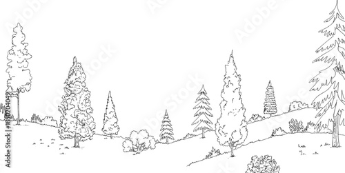 Hand Drawn Sketch of a Rolling Hillside with Various Trees and Bushes landscape nature