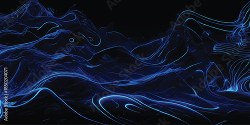 Deep Blue Luminescent Cyber Trails on Black With Neon Light Streaks & Digital Topographical Lines. High-Speed Data Transfer, Fiber Optics & Neural Network Concept.