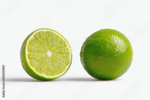 Two fresh green lime halves sliced, showing juicy pulp, a vibrant citrus fruit on a clean white background