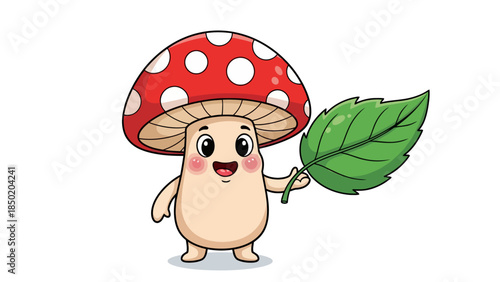 Cartoon mushroom character with a redandwhite spotted cap holding a green leaf