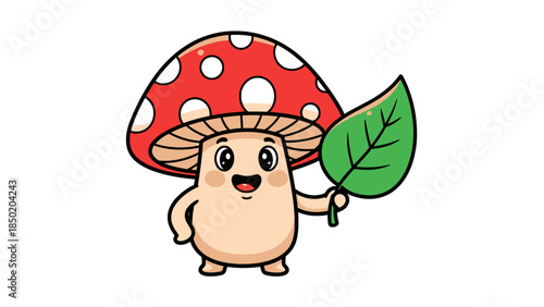 Cartoon mushroom character with red and white spotted cap holding a green leaf