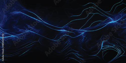 Deep Blue Luminescent Cyber Trails on Black With Neon Light Streaks & Digital Topographical Lines. High-Speed Data Transfer, Fiber Optics & Neural Network Concept.