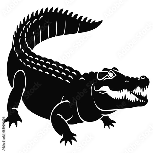 Fierce crocodile illustration a black and white vector graphic depicting a predatory reptile with sharp teeth and scales isolated on a clean white background
