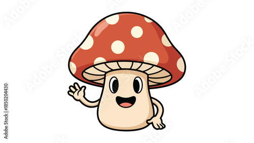 Cheerful cartoon mushroom character with red and white polkadot cap waving