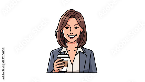 Cartoon woman in business attire holding a coffee cup smiling