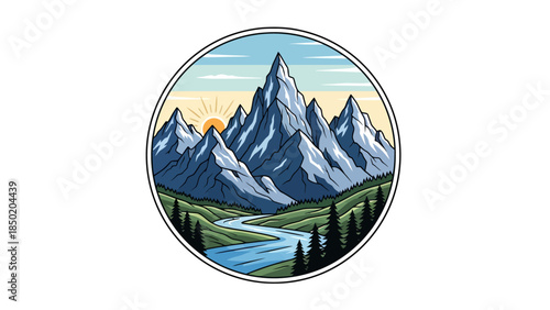 Circular emblem featuring jagged blue mountains rising sun river and evergreen trees