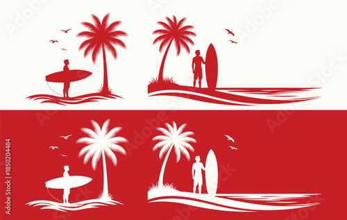 Vector illustration of a set of tropical beach icons featuring sun, palm tree, and ocean wave silhouettes for summer holiday and travel design