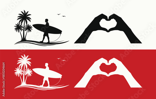 Vector illustration of a set of people silhouettes beach during a summer sunset with mountain and sea art design symbols