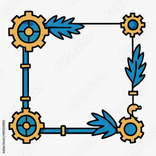 Steampunk corner frame with brass gears blue feathers and mechanical rods, ornate clockwork border element with vintage industrial accents