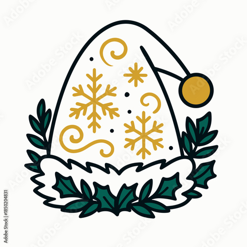 Cozy winter hat icon with golden snowflakes and fluffy brim, cute cold season cap with pompom and leafy sprigs in clean line style