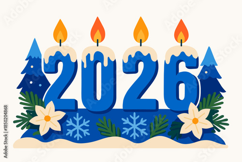 2026 blue wax drip candle digits with four flames and winter florals, snowflake accents and leafy sprigs, festive frosty year marker