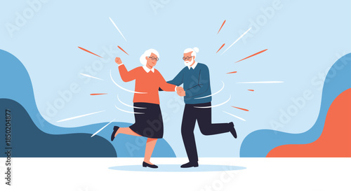 Happy elderly couple with glasses is joyfully dancing together and celebrating life with great energy and enthusiasm.