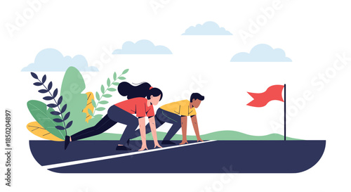 Determined man and woman are poised at the starting line of a race track ready to begin their competitive sprint towards the goal.