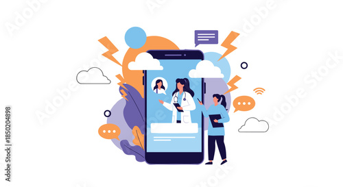 A woman is having a virtual consultation with a female doctor on a large smartphone demonstrating modern telehealth services.