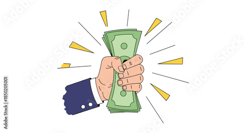 A strong hand is tightly gripping a large stack of dollar bills symbolizing wealth financial success and investment.