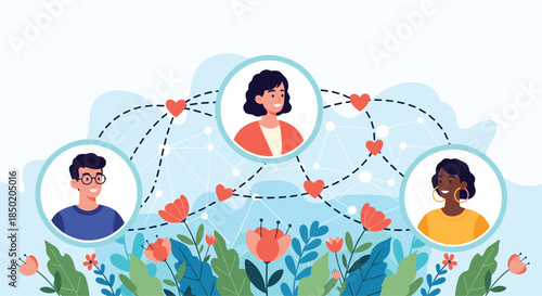 Diverse people profiles are connected by dashed lines and hearts symbolizing social networking online dating and community.