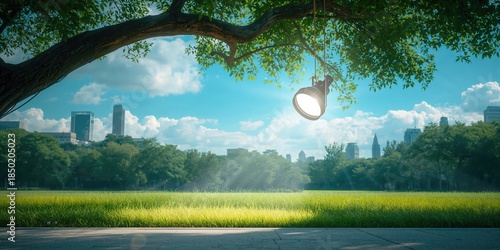 Fototapeta Naklejka Na Ścianę i Meble -  Tree illuminated by a spotlight in a public park for landscape enhancement