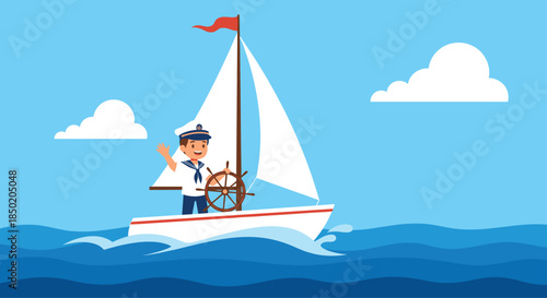 A happy young boy dressed as a sailor is joyfully steering a sailboat on blue waves under a bright sky.