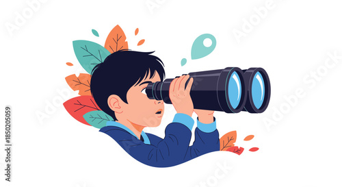 A curious young boy is looking through binoculars with a surprised expression surrounded by colorful leaves discovering nature.