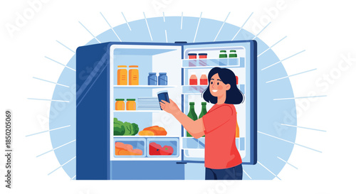 A happy woman is smiling while looking into an open and well-stocked refrigerator choosing her healthy meal options.