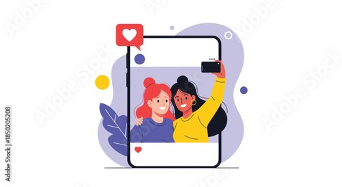 Two happy women are joyfully taking a selfie together within a large smartphone screen symbolizing friendship and social media.