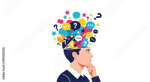 A man's head is shown open and filled with question marks and colorful speech bubbles symbolizing contemplation and ideas.