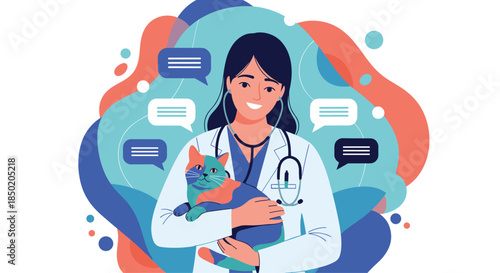 A caring female veterinarian is smiling and holding a cat surrounded by abstract shapes and speech bubbles symbolizing animal care.