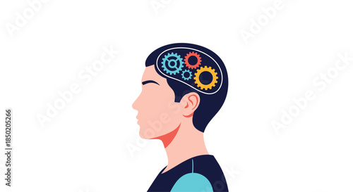 A man's head in profile with colorful turning gears inside symbolizing thinking problem-solving and innovative ideas.