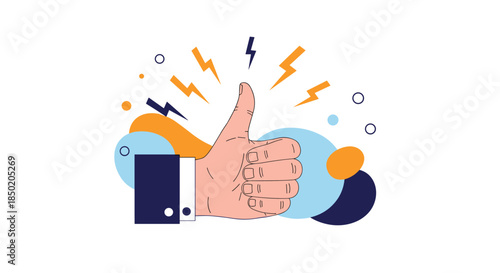 A hand is giving a strong thumbs-up gesture with radiating lines and abstract shapes symbolizing approval and positive feedback.