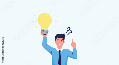 A cheerful man is holding a bright light bulb above his head with question marks symbolizing a new idea or inspiration.