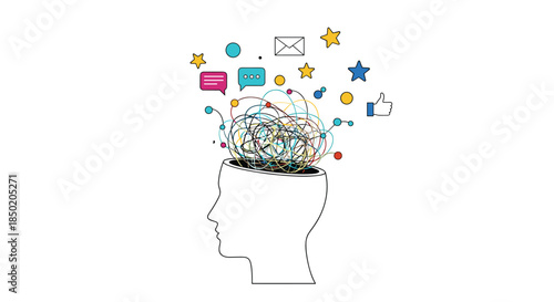A man's head in outline is filled with tangled lines and social media icons symbolizing information overload and mental clutter.