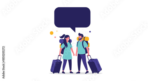 A happy couple is standing with large backpacks and suitcases ready for travel with a blank speech bubble above them.