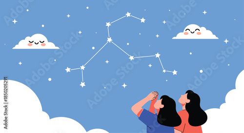 Two women are looking up at a beautiful starry night sky with a constellation and happy clouds symbolizing stargazing.