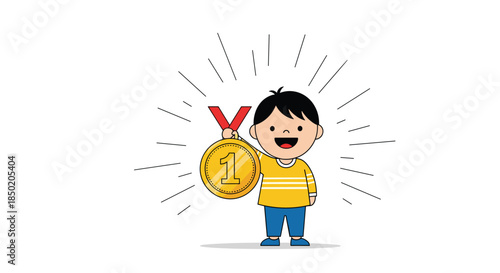 Happy little boy holding a gold medal, radiating pride and achievement for his accomplishment.