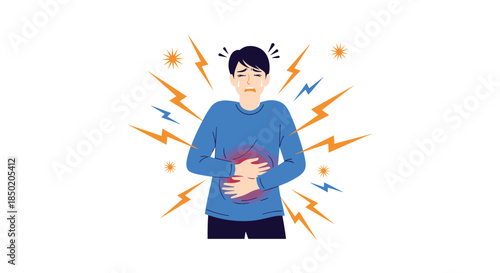 Man suffering from stomach pain holding his abdomen with a distressed expression surrounded by lightning bolts.