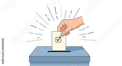 Hand casting a ballot with a checkmark into a voting box, symbolizing democracy and election participation.