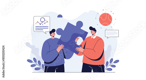 Two men holding and fitting large puzzle pieces together demonstrating teamwork and effective problem-solving.