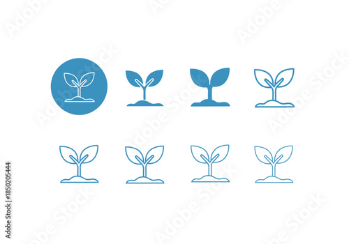 Collection of blue sprout icons symbolizing growth and new beginnings