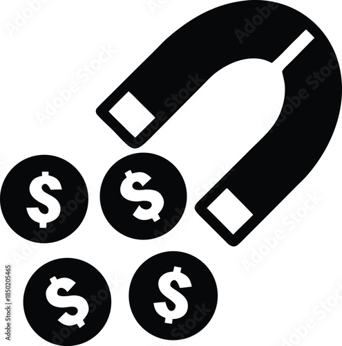 Financial Magnetism Icon Attracting Multiple Dollar Currency Coins Symbolizing Investment and Growth
