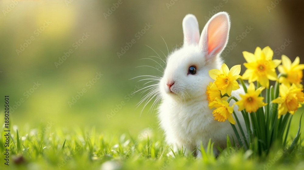 Fototapeta premium A cute white Easter bunny sitting in green grass with yellow daffodil flowers. Small fluffy rabbit in a spring meadow with copy space for text