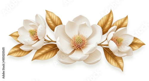Beautiful white magnolia flowers with golden leaves