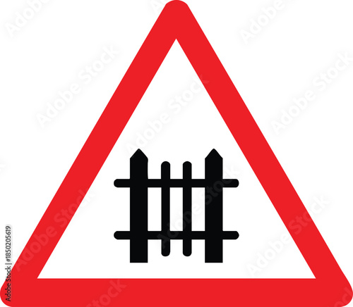 Fenced Crossing Warning Road Sign Showing Barrier Fence Symbol For Traffic Safety