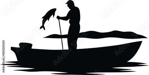 Fisherman in boat silhouette with a jumping fish caught on the hook in calm water