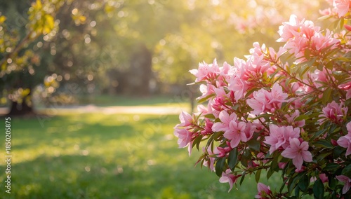 Pink azalea blossoms with green foliage in spring, used as a seasonal floral backdrop