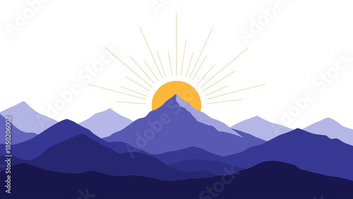 Stylized blue mountain layers beneath an orange sun with pale yellow rays
