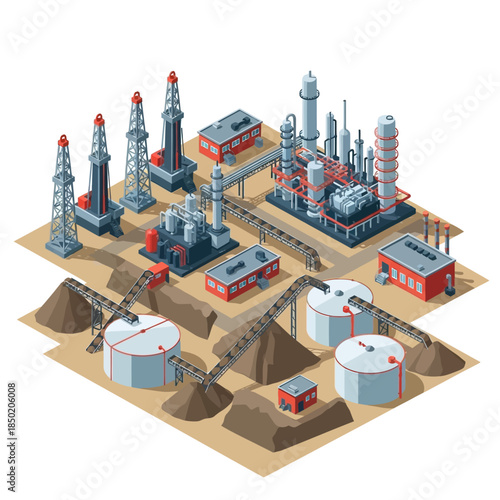 Isometric illustration of an oil and gas industrial complex with drilling rigs, refinery, and storage tanks.