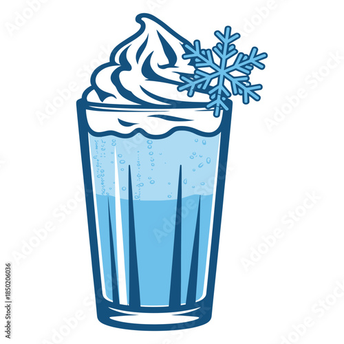 Icy blue liquid in a tall glass with whipped cream and a snowflake garnish refreshing cold beverage winter drink illustration frosty refreshment