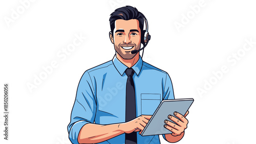 Smiling male customer service representative wearing a headset and holding a tablet