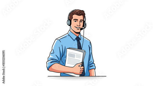 Smiling male customer service agent with headset holding papers